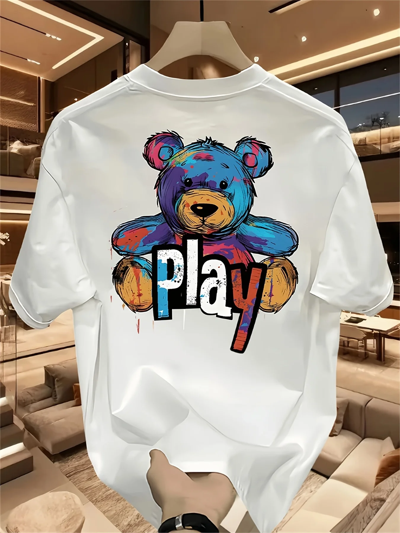 Vibrant Splatter Art Teddy Bear Print 100% Cotton Mens T Shirt for Summer Streetwear Has A Lively and Bold Aesthetic