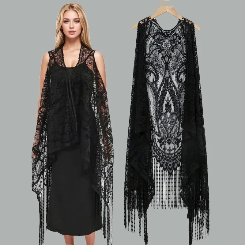 

Пляжная накидка-бикини с вырезами, кружевной топ-жилет в европейском и американском стиле, женская пляжная накидка-шаль, средней длины.