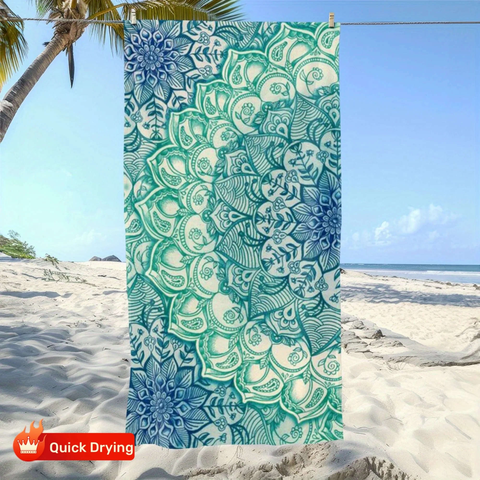 1pc Colorful Mandala-Print Beach Towel - Soft Absorbent Quick-Dry Microfiber,Modern Cartoon Design for Swimming, Camping,Bathing
