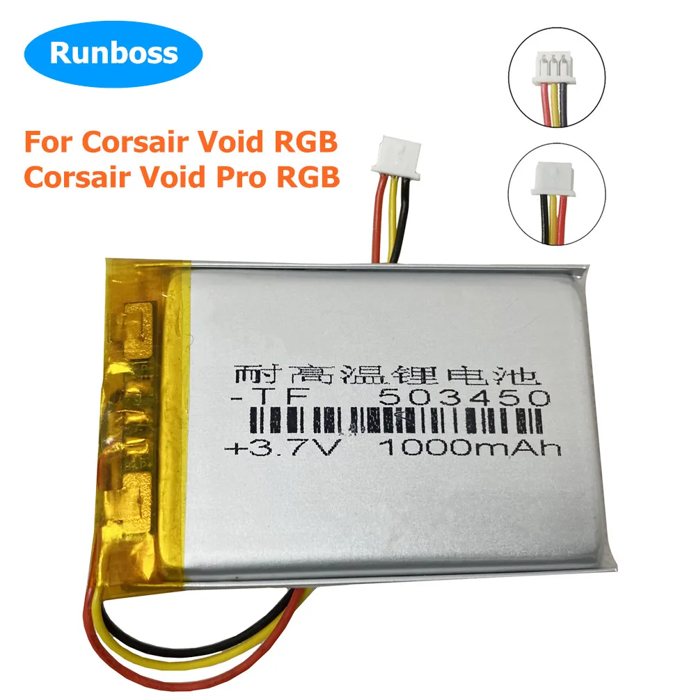 Nowa 523450 503450 3.7V 1000mAh bateria do korsairu Void RGB, Cor sair Void Pro RGB akumulator zestawu słuchawkowego 1.25mm 3pin wtyczka