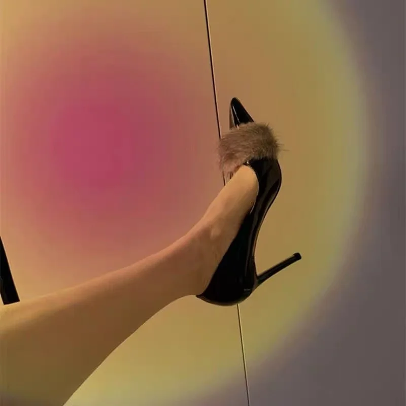 New 2025 Women's High Heels Single Shoes Fine Heel Fashionable Fur Trim Pointed Toe Low Cut Spring Summer Autumn Seasonal Wear