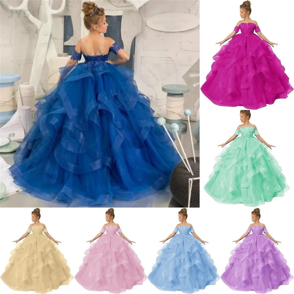 Flower Girl Dress Elegant Blue Tulle Delamination Long Appliques Ball Kids Birthday Gift Off Shoulder First Communion Gowns