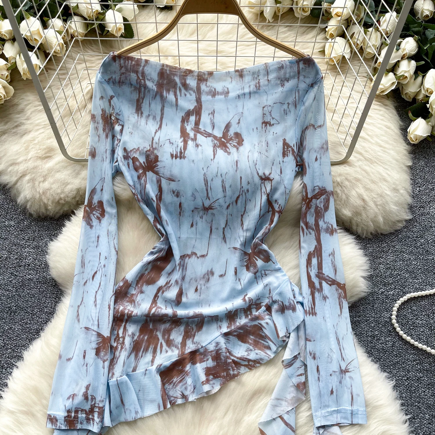 Chic Elegant tie dye  off shoulder ruffle asymmetrical lace-up blouse Vintage Korean Fairy Top summer Women Clothing shirt