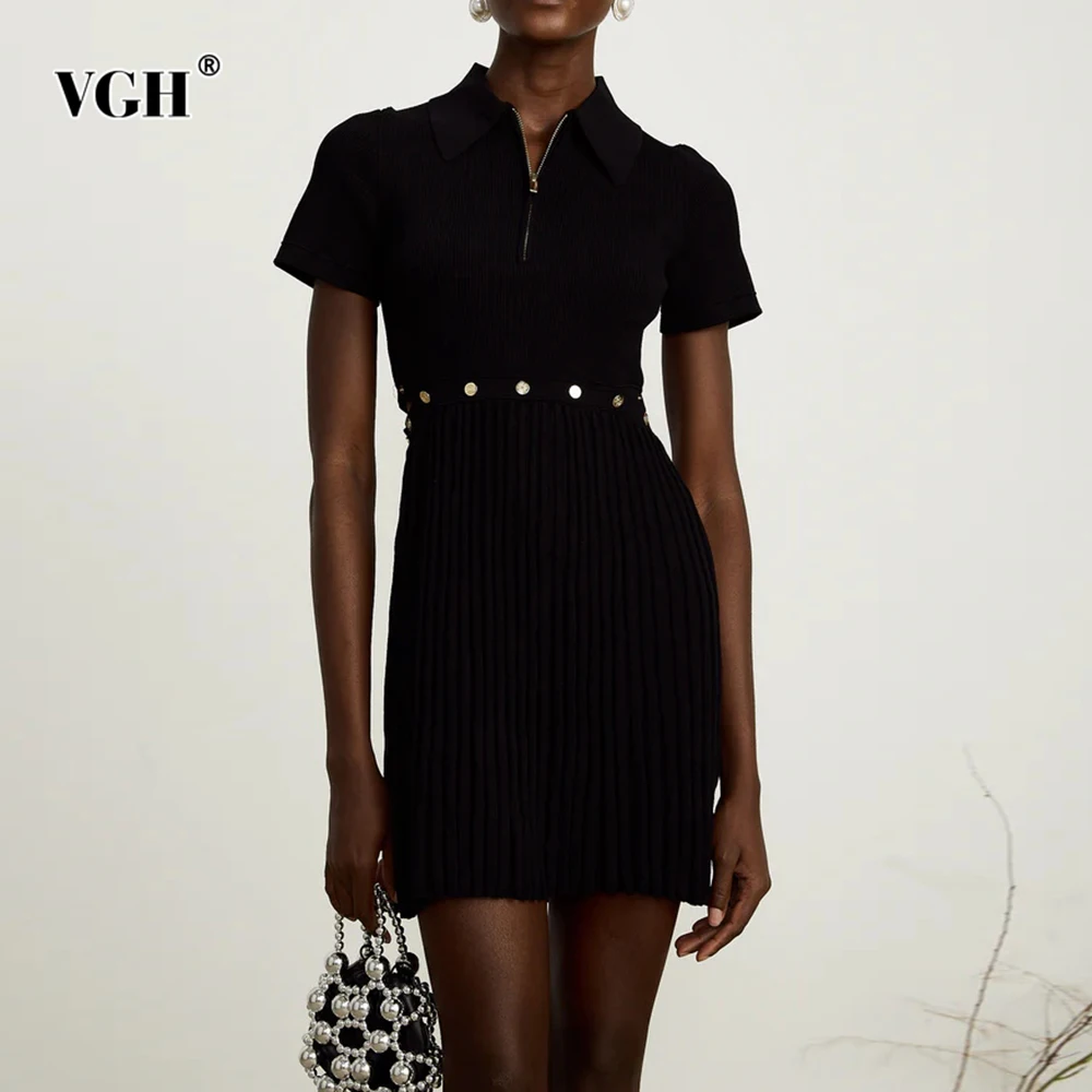 

VGH Solid Designer Slim Fit Dresses For Women Stand Collar Short Sleeve High Waist Spliced Zipper Temperament Folds Dress Female