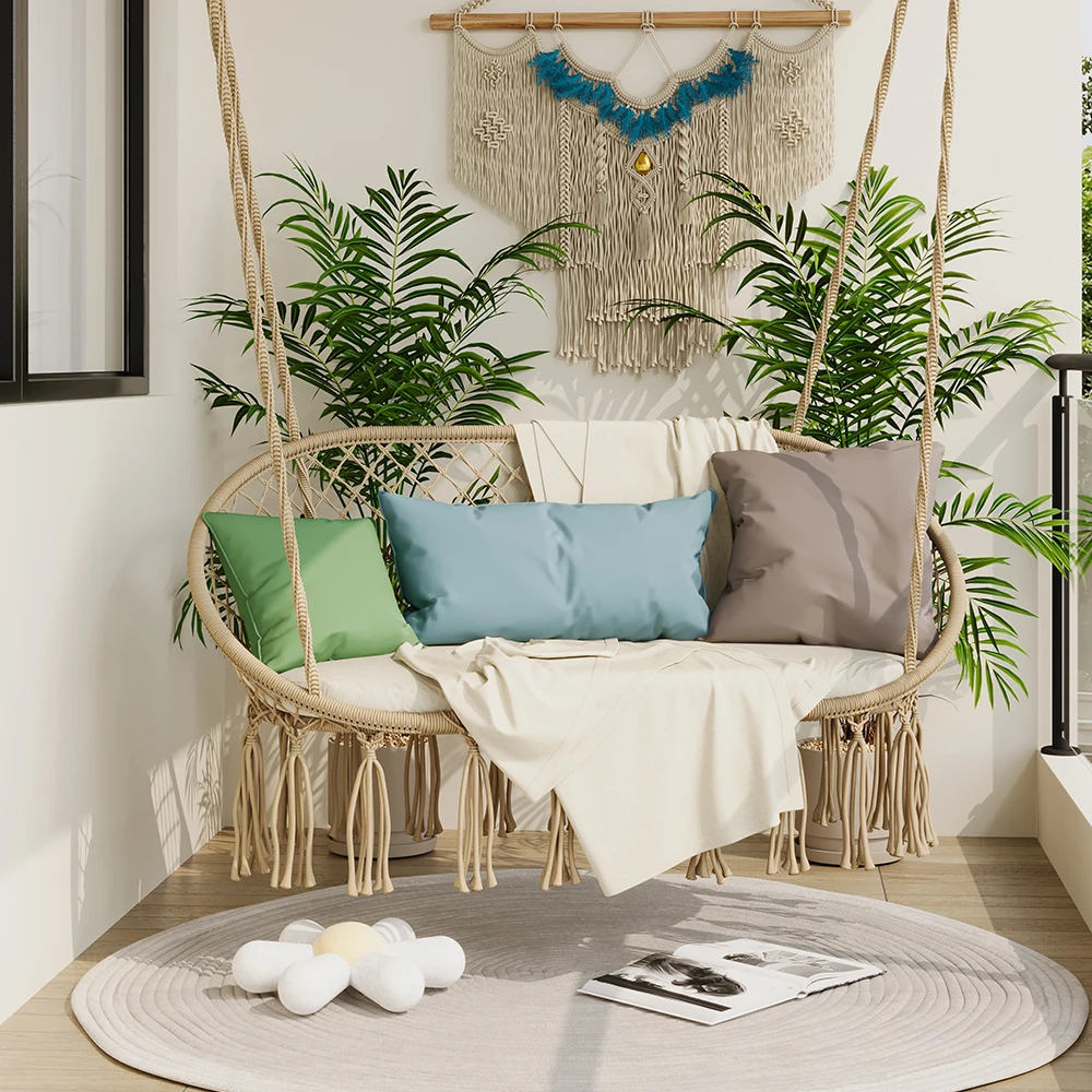 *Y- Modern Minimalist Rope Woven Ceiling-Mounted Porch Swing Chair, Outdoor Hanging Chair for Balcony, Patio, Yard & Garden