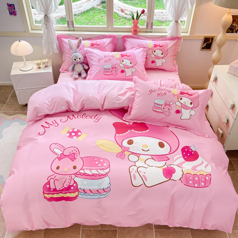 

New My Melody 4-Piece Cotton Bedding Set For Girls, Cute Cartoon Princess Style Kids Bed Sheets, Dorm Bed Set Pillowcases