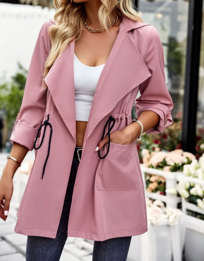 

Women's Jackets 2024 Spring Autumn Fashion Drawstring Waist Rolled Up Sleeve Pocket Design Casual Notch Collar Jacket Coat