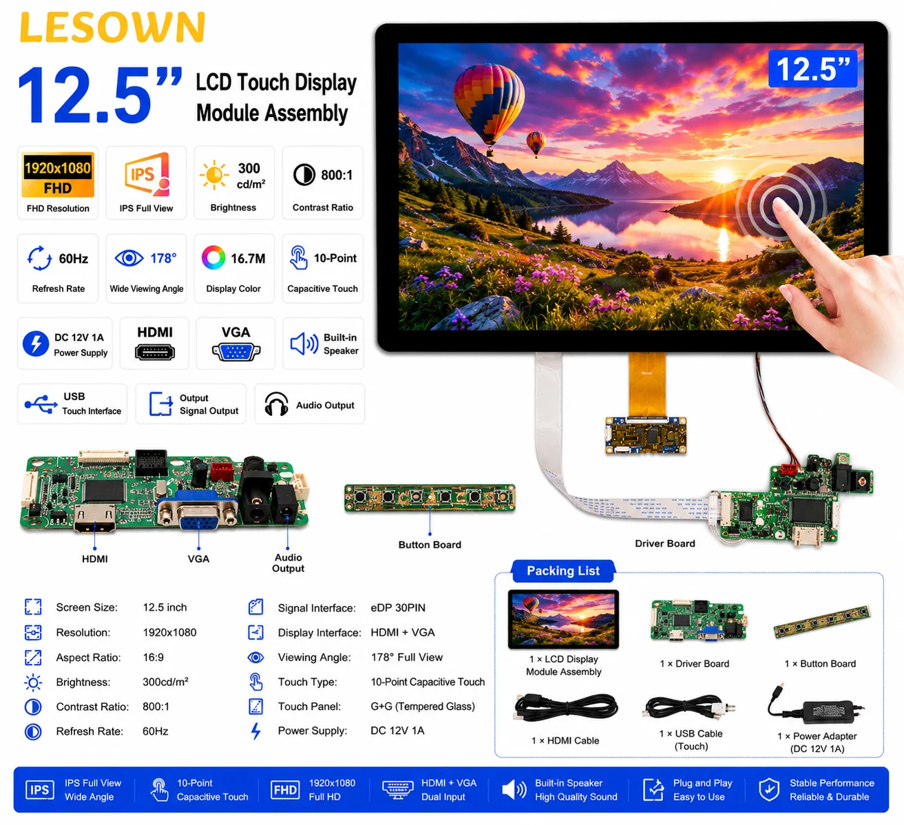 

LESOWN 12.5" Pantalla LCD Full HD Capacitive Touchscreen with HDMI VGA No Driver Needed