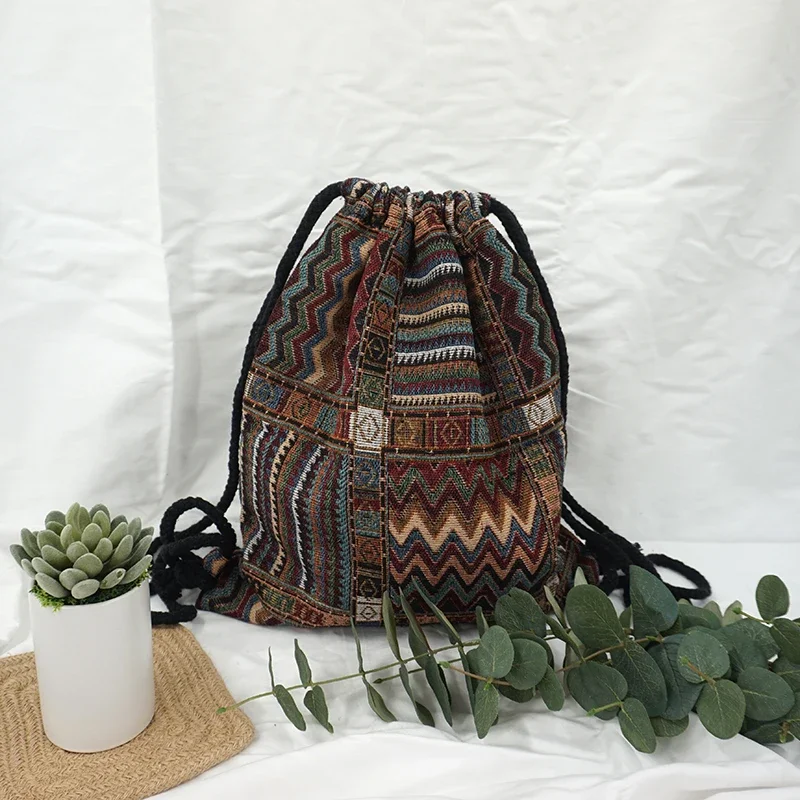 2025 mulheres tecido mochila feminino cigano boêmio boho chique asteca ibiza tribal étnico cottage macio marrom cordão mochila sacos