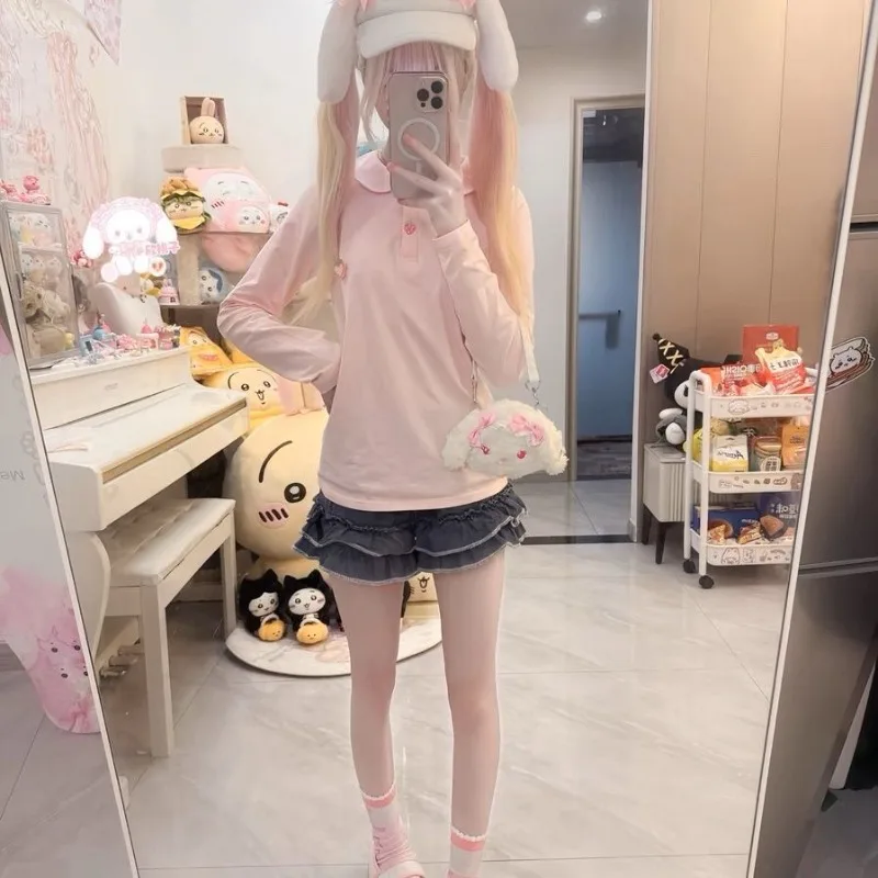 

HOUZHOU Pink Kawaii Lolita T-Shirts Women Cutecore Letter Embroidery Long Sleeve Babydoll Top Slim Sweet Japanese Fashion Casual