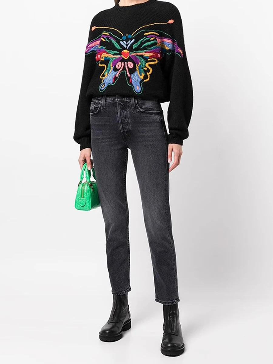 

High Waist Fleece Lined Stretchy Warm Denim Jeans Ankle Length Slimming Straight Leg Grey Color Women's Premium Autumn Winter