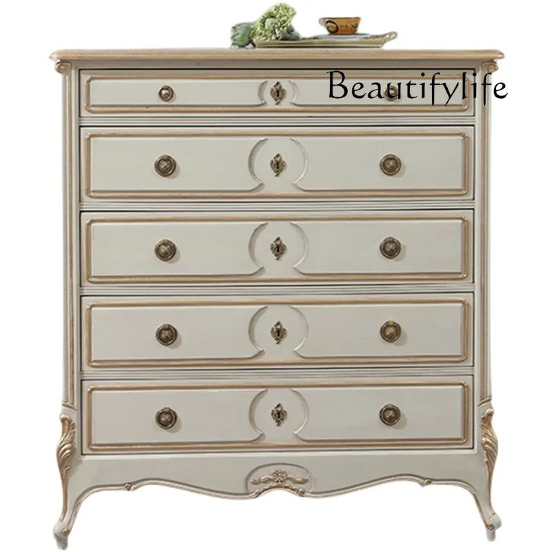

French chest of drawers solid wood retro storage cabinet living room bedroom American engraved cream white old drawer cabinet