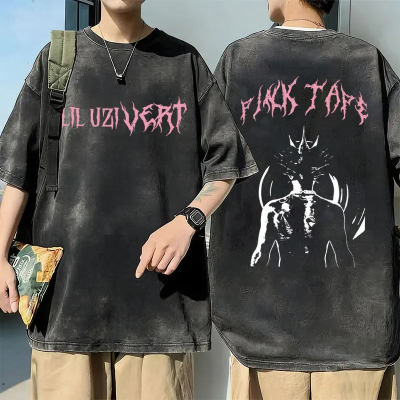 

Rapper Lil Uzi Vert Pink Tape Vintage Washed T-shirt Men Women Hip Hop Fashion Pop Music T-shirts Male Cotton Oversized T Shirts