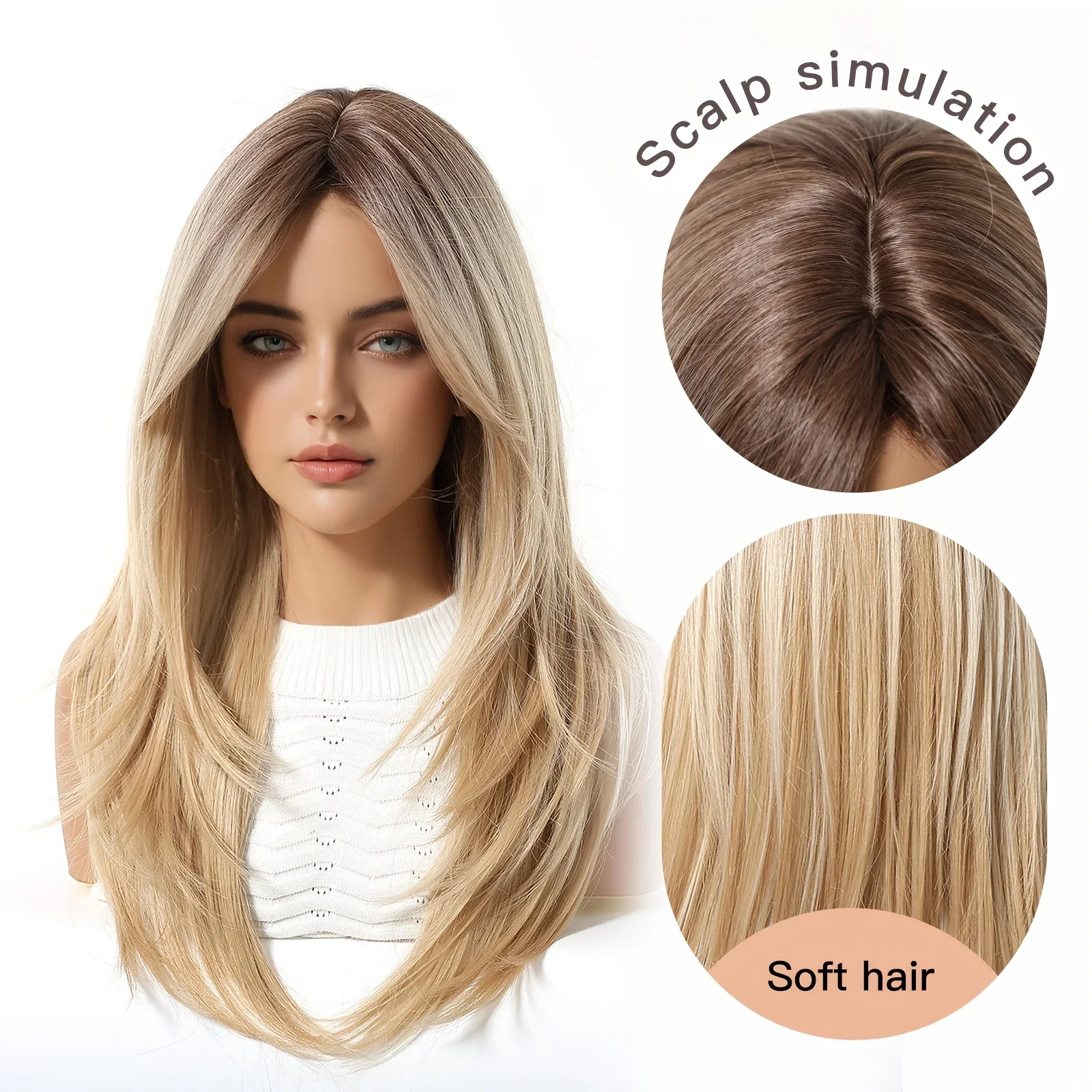 24 Inch Women'S Black Brown Champagne Golden Gradient Bangs High Layered Long Straight Rose Net Cap Synthetic High Temperature Full Head Wig, Temperament Mature Suitable for Work School, Bare Face Makeup, Dinner Parties