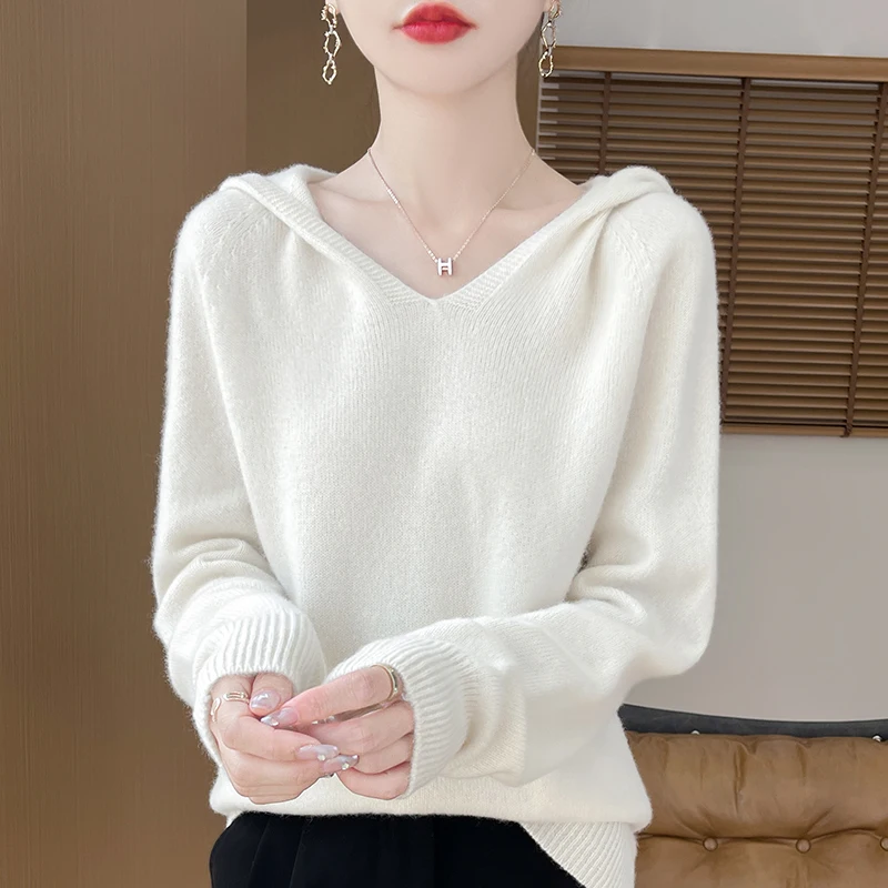 Hooded Wool Sweater Women\'s AutumnWinter Long Sleeved Solid Color Pullover Loose High-Quality Knit 100%Merino Wool Thick Jumper