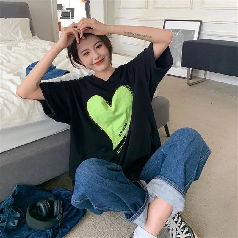 DAYIFUN-Women's Loose Cotton Short Sleeved T-shirts O Neck Tops Love Embroidery Tshirt Korean Fashion Female Clothes Summer Tees