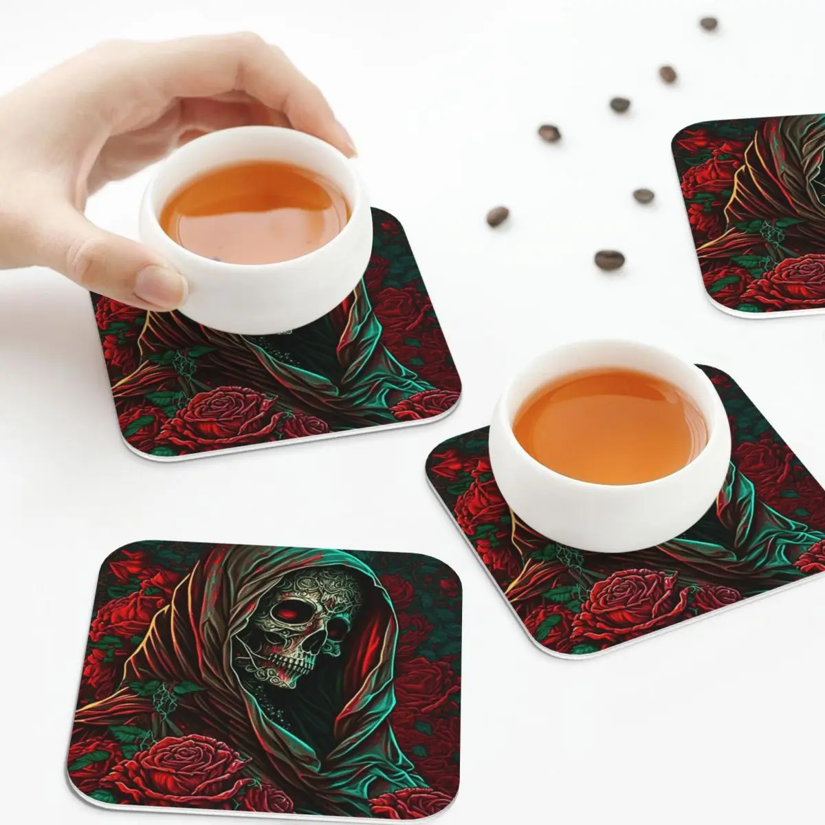 

Forest Roses Santa Muerte Coasters Kitchen Placemats Insulation Cup Coffee Mats For Decor Home Tableware Pads Set of 4