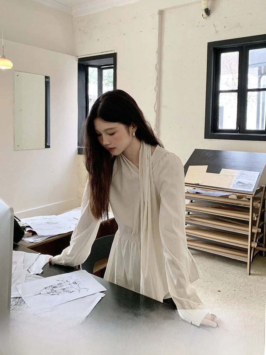 

Linyunyun Silk Waist Cinching irt with Sa Autumn Casual Loose Fit Long Sve Bubble Sve Women's Pure Color irt