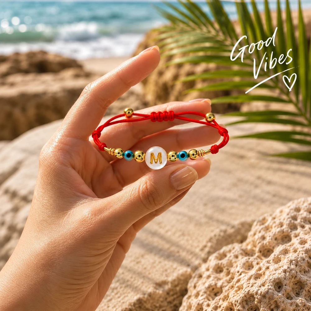 1pc Red Adjustable Cord Strand Bracelet with White Letter M Bead Blue Evil Eye Beads and Golden Round Beads for Women