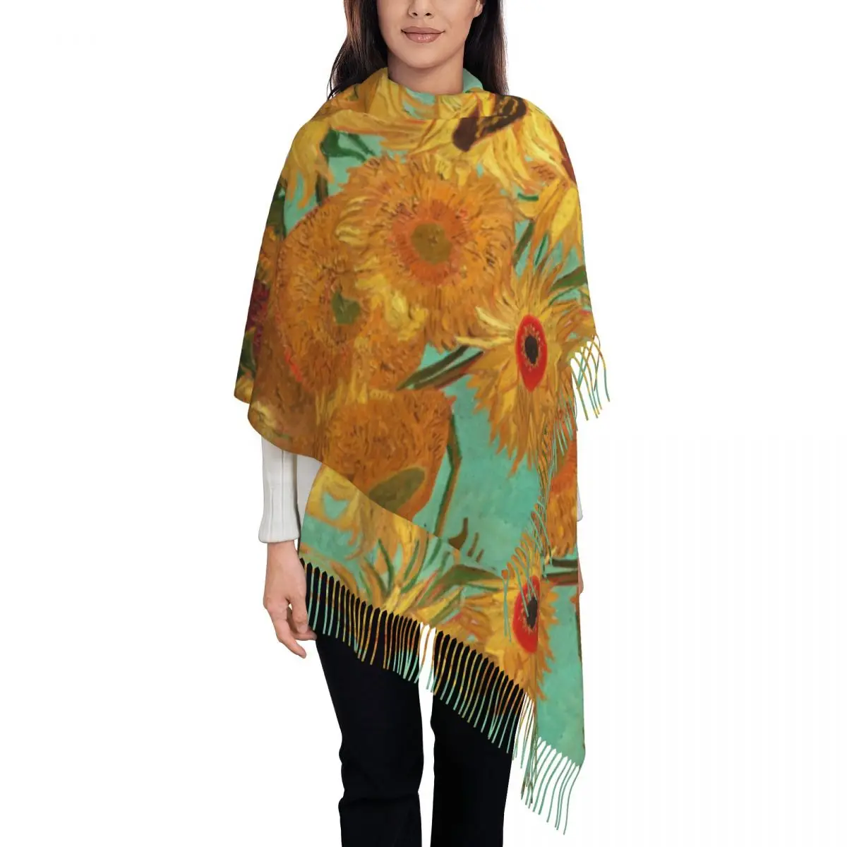 Custom Twelve Sunflowers In A Vase Tassel Scarf Women Soft Vincent Van Gogh Shawl Wrap Ladies Winter Fall Scarves