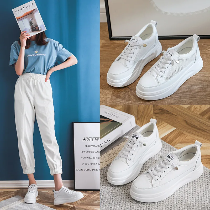 Fashion White Breathable Net Sneakers Women Low-Heel Flat Platform Ladies Lace-Up Fashion White Shoes Zapatos De Mujer Zapatos