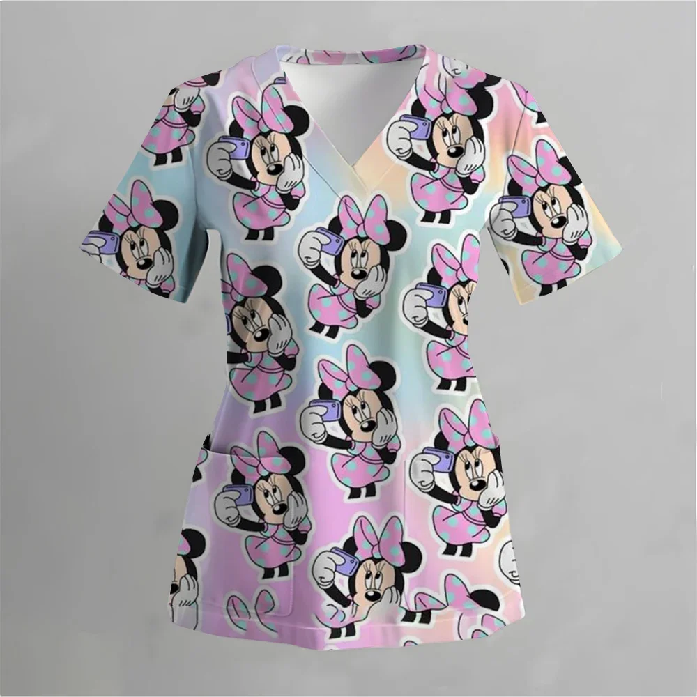 

V-Neck Pocket Mickey Mouse Care Workers T-Shirt Tops Clinic Working Clothing Women Short Sleeve Scrub Print Nurse Uniform