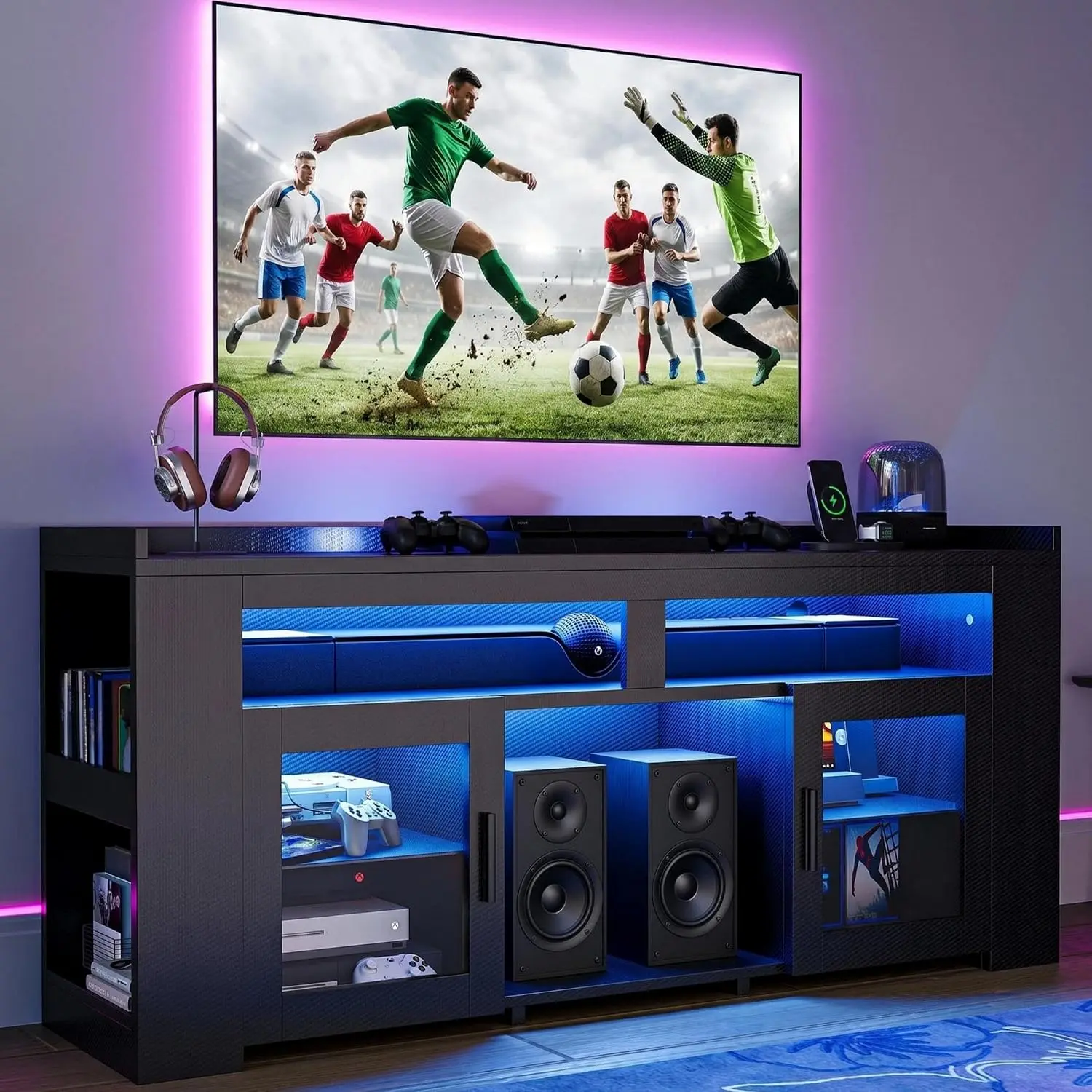 TV Stand with Charging Station & LED Lights, Media Console with Glass Shelves & 2 Doors for Gaming & Living Room, Fits 60