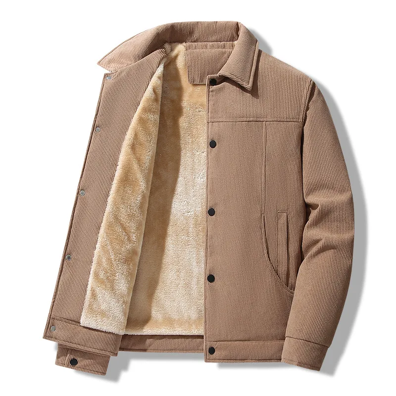 Autumn Winter Corduroy Lapel Fleece Jacket Men's Business Casual Thick Warm Outerwear