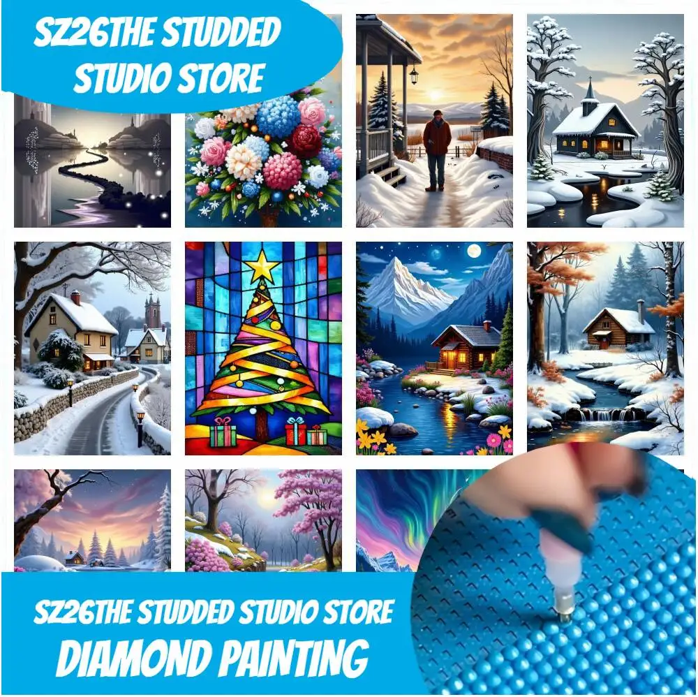 

Sz26The StuddedDiamond Mosaic House Winter Landscape Cross Stitch Christams Tree Embroidery Painting Full Round Drill Home Deco