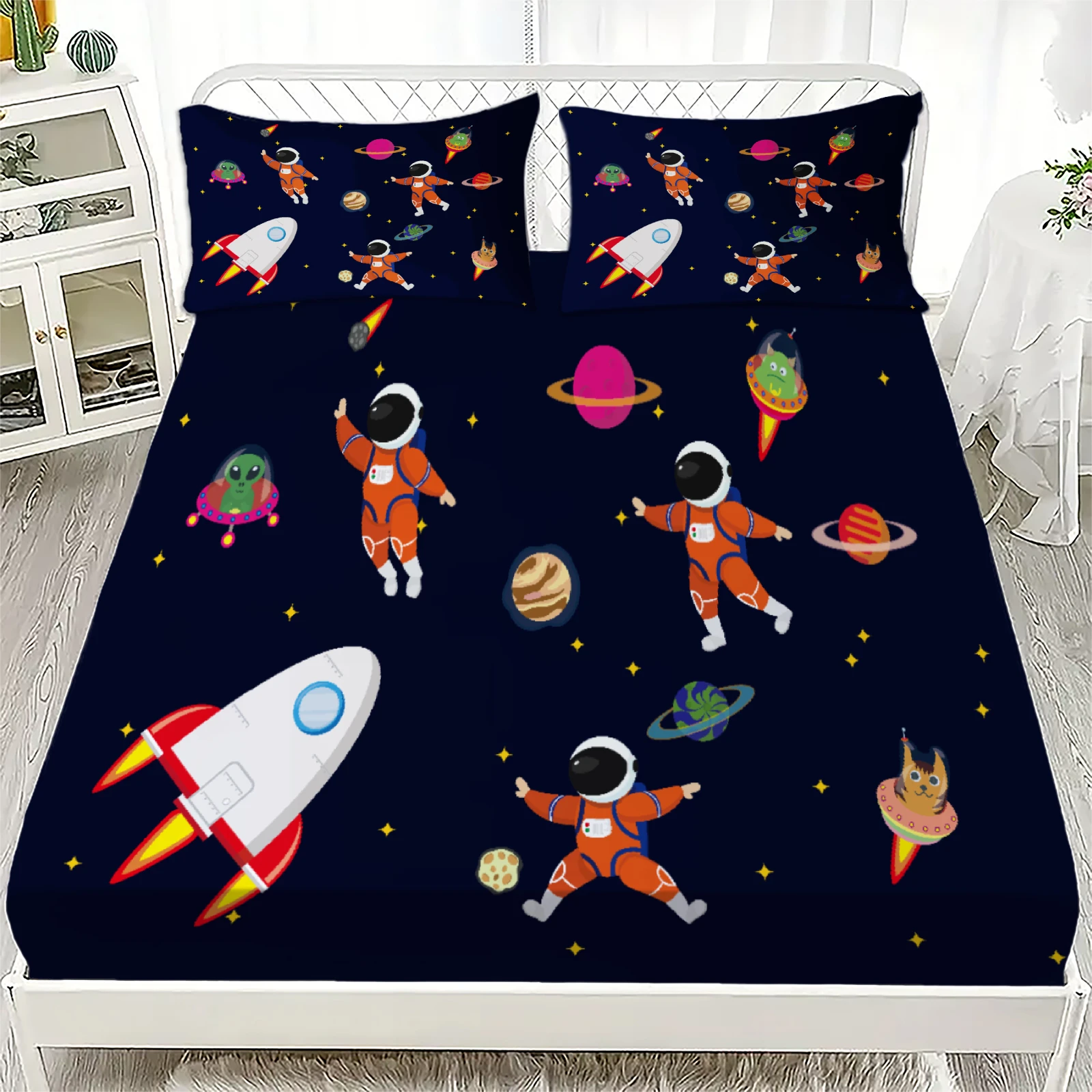 3pcs Playful Fitted Sheet Set Cartoon Style For Kids Boys Space Astronaut Rocket Planet Stars Printed Bed Sheet With Pillowcases