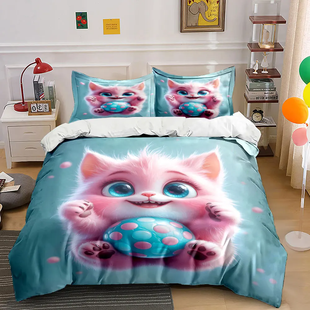 Fluffy pink creature holding sphere Printed Duvet Cover Set 1 Duvet Cover+2 Pillowcase Multi Size Bedroom Bedding Decoration