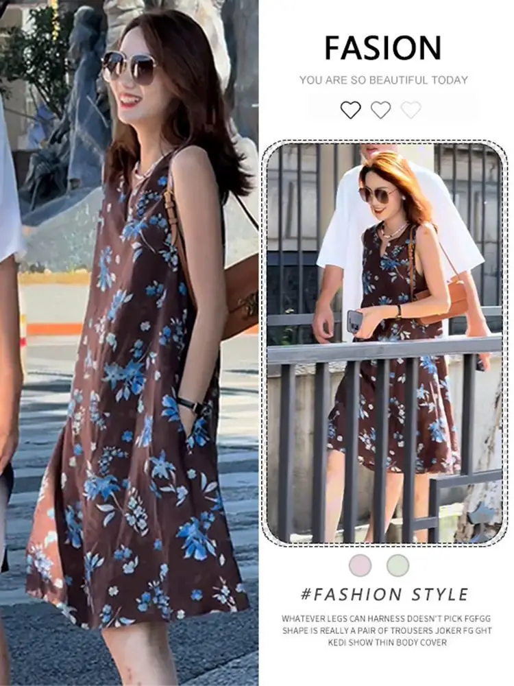 Vintage Floral Print Sleeveless Dress Women's Summer Trendy Lightweight A-line High-quality Dress Design Harajuku Streetwear