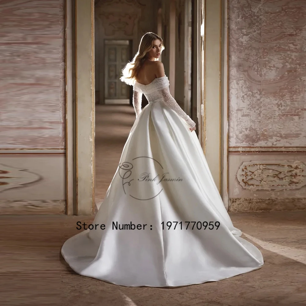 White Sequined Wedding Dress For Women Boat Neck Long Sleeves Zipper Back With Satin Custom Made Court Train vestido de novia