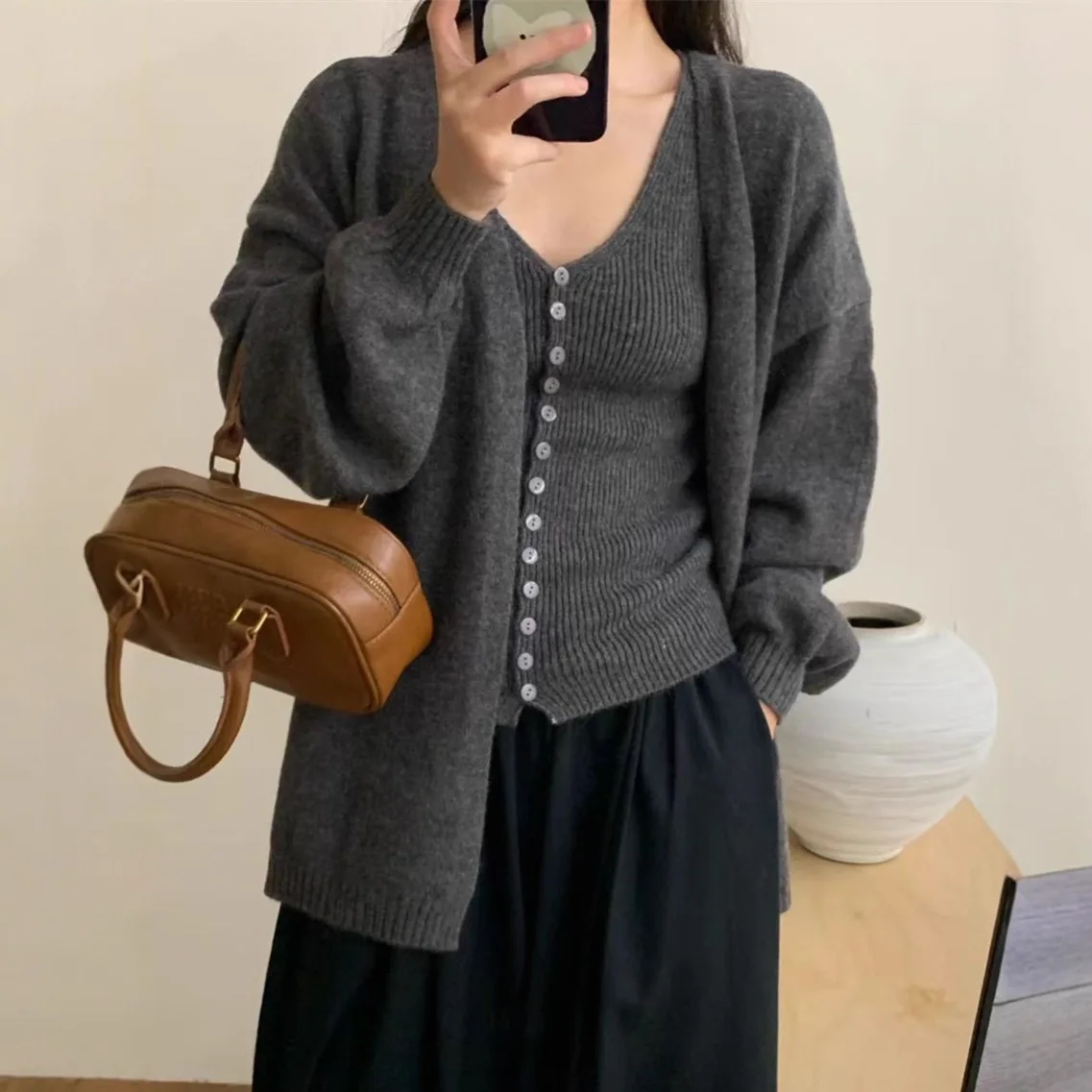 

Two Pieces Knitted Cardigan Sweaters Women Solid Jumpers Single Breasted Vest Square Collar Long Sleeves Coat 2025 Autumn Winter