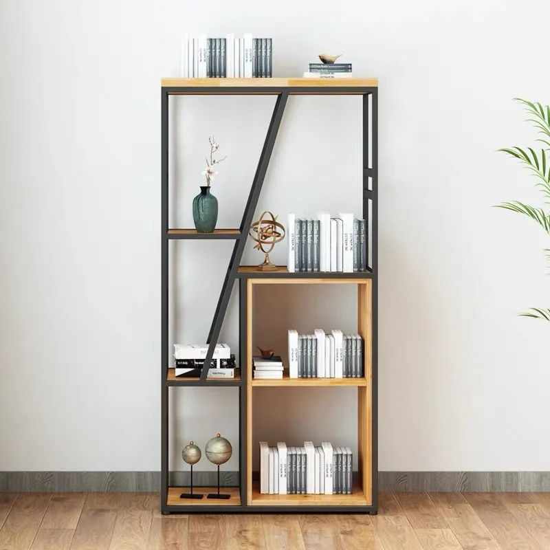 Living room wrought iron storage floor sample display bookcase office solid wood partition shelf