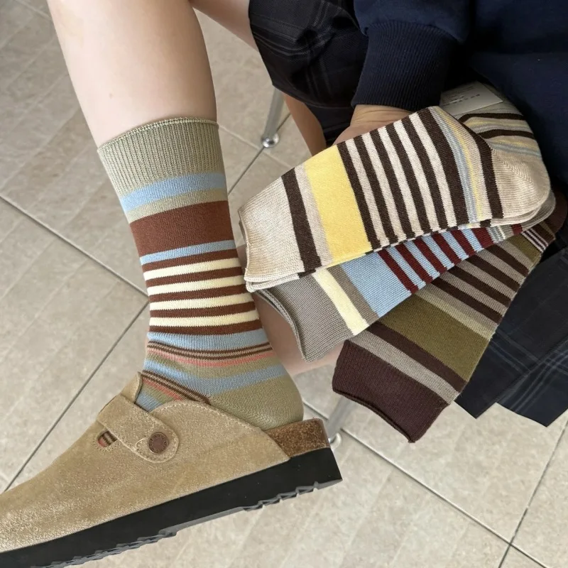Korean Retro Cotton Breathable Knitting Women Socks Colorful Striped Loose Long Socks Spring Autumn Women Middle Tube Socks New