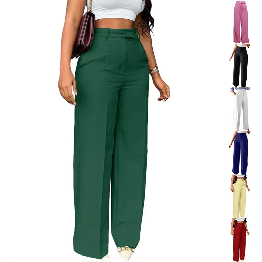 ハイウエストカジュアルパンツ女性用ビジネスパンツピンクハイウエストパンツ通勤スタイルポリエステル生地わずかなストレッチ