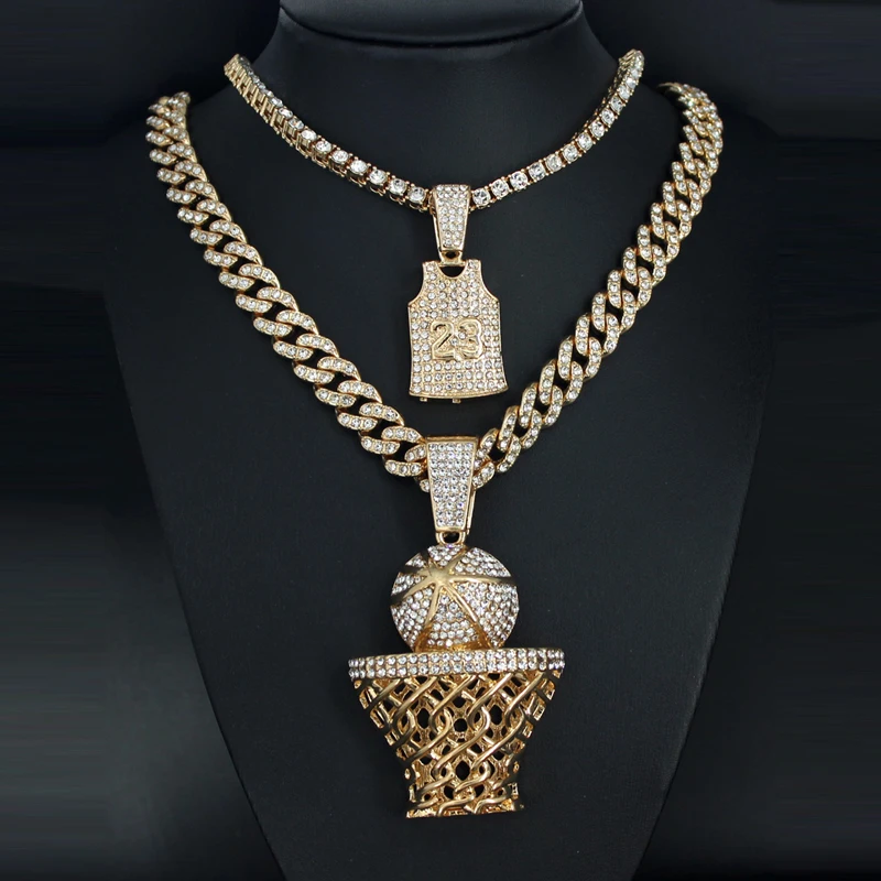 Hip Hop Rhinestone หมายเลข 23 บาสเกตบอลสร้อยคอจี้ Hiphop Iced Out Chain กีฬาสร้อยคอผู้ชายและผู้หญิงเครื่องประดับของขวัญ