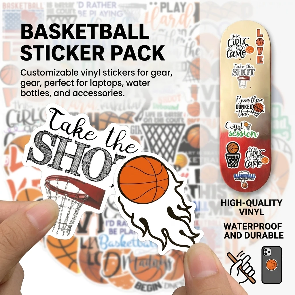 Waterproof PVC Basketball Stickers 50 Pcs Self Adhesive Decals For Luggage Laptop Phone Case Notebook, Durable For Teens