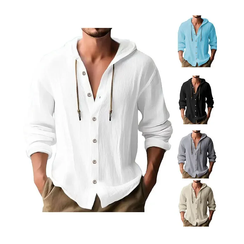 New 2024 Spring Summer Men's Hooded T-Shirt Solid Color Cotton Linen Casual Long Sleeve Top Cross-Border Amazon