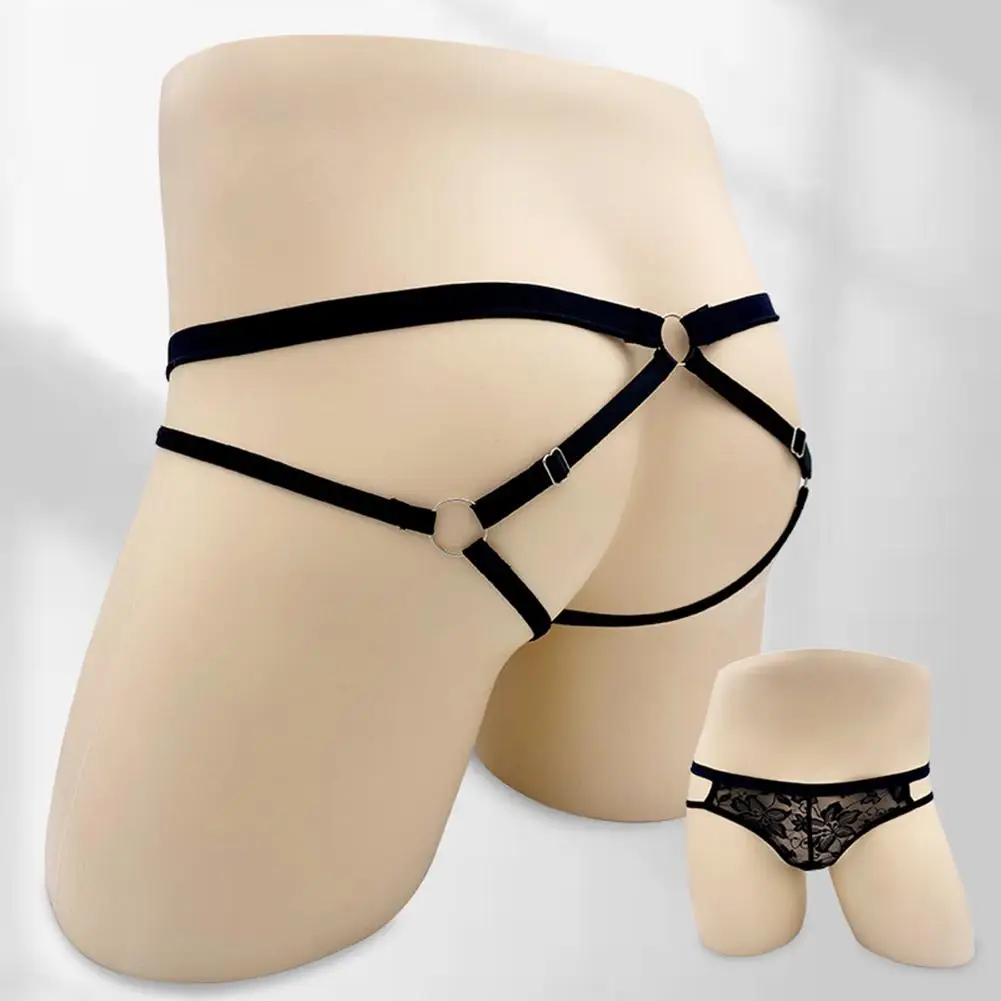 

Low Waist Men's G-Strings See Through Underpants Sissy Exotic Underwear Lace Hollow Out Thongs Open Butt Briefs