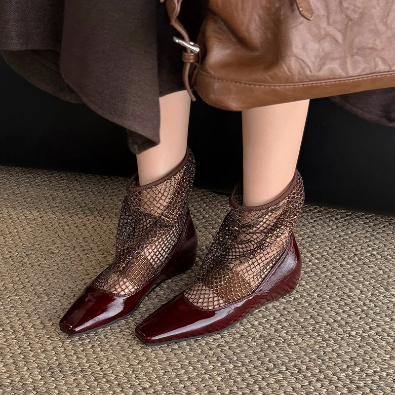 Fashion Through Mesh Square Toe Leather Splice Stiletto Ankle Boots Party Edgy Ladies 2027 Spring Breathable Trendy Footwear