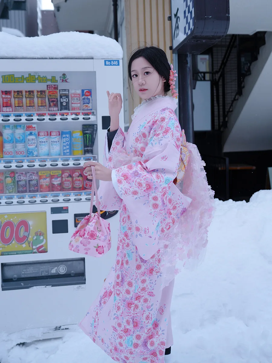 Japan Style Modernized Women Kimono Pink Color Floral Prints Sweet Yukata Set Performing Long Dress Cosplay Costume