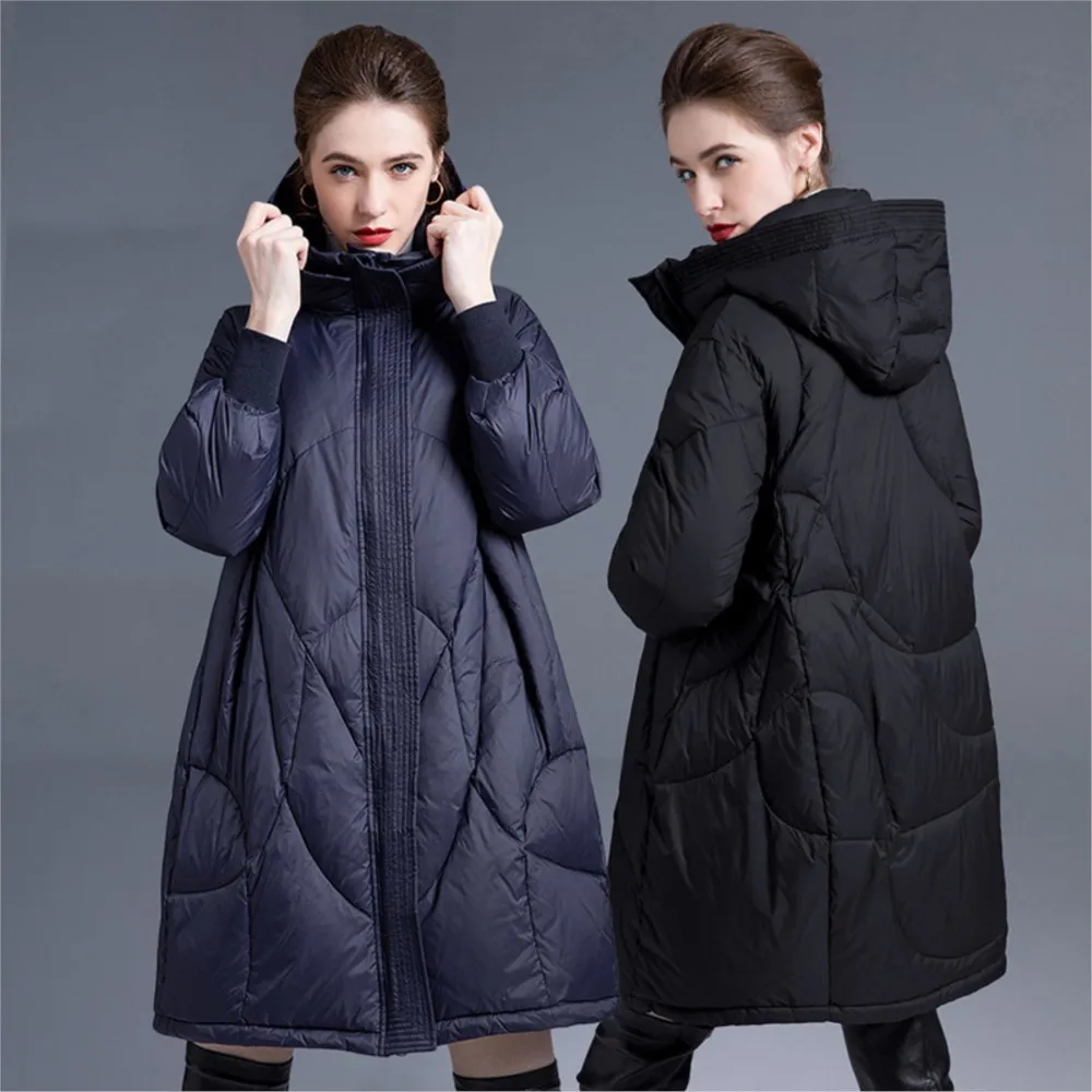 New Johnature Women Winter White Down Coats Warm Solid Color Zipper Hooded Long Sleeve Loose Female Down Coats