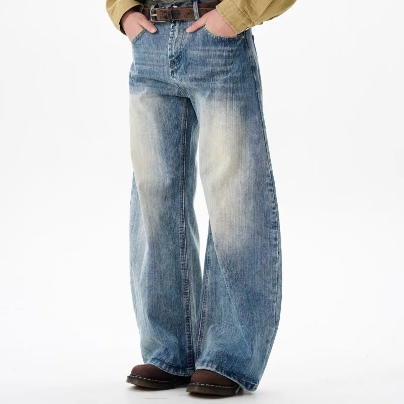 Celana Jeans Pria Motif Bambu Amerika Retro, Model Longgar Pinggang Tinggi Kaki Lurus, Celana Bent Knife Trendi untuk Pasangan, Celana Denim Kasual