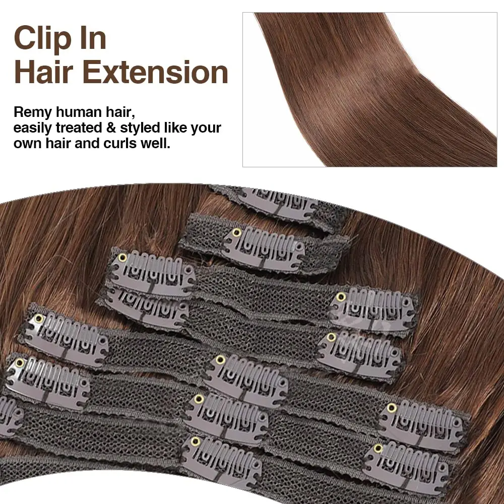 Clip in Hair Extensions Real Human Hair color #4 Chocolate Brown Clip in Hair Extensions 8pcs Hair Extensions for Women