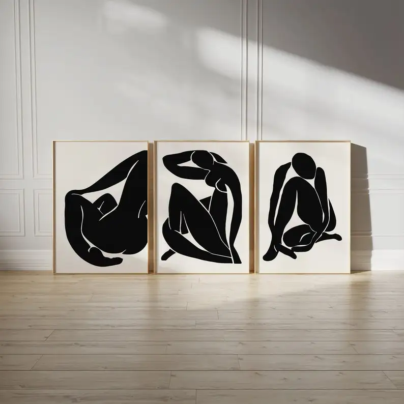 3-teiliges Set Moderne Schwarze Henri Matisse Leinwand-Wandkunst, Rahmenlose Matisse Beige Boho Galerie-Wandkunst Poster für Wohnzimmer-Dekoration