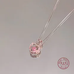 Japanese Sweet Pink Heart Pendant Necklace Women 925 Sterling Silver Elegant Temperament Wedding Jewelry Gift
