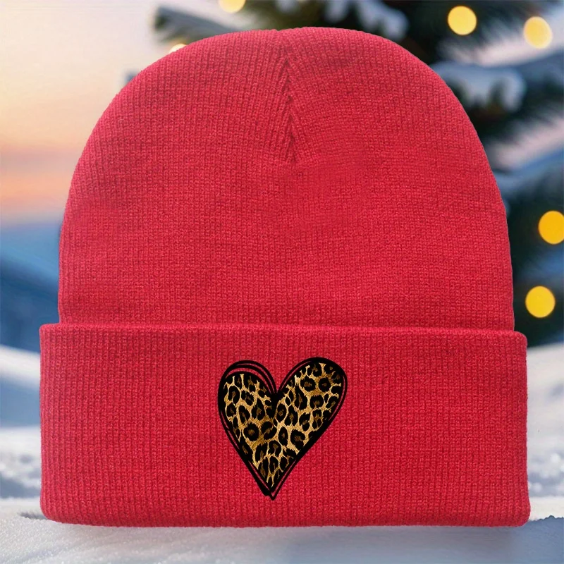 1pc, Leopard Print Heart Pattern Beanie, Casual Holiday Gift, Daily Accessory, Vintage Style, Warm Material, Unisex, Fashionable
