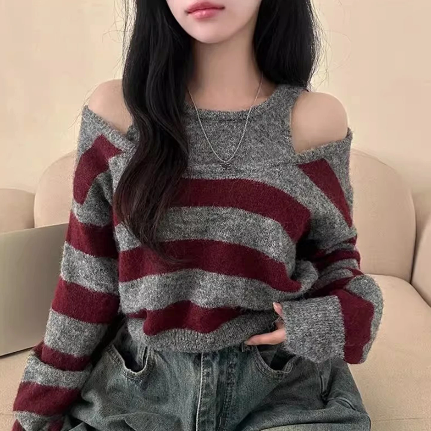 

Женский свободный вязаный свитер в полоску, мягкий удобный цветной дизайн, осень-зима, модный повседневный длинный топ све
